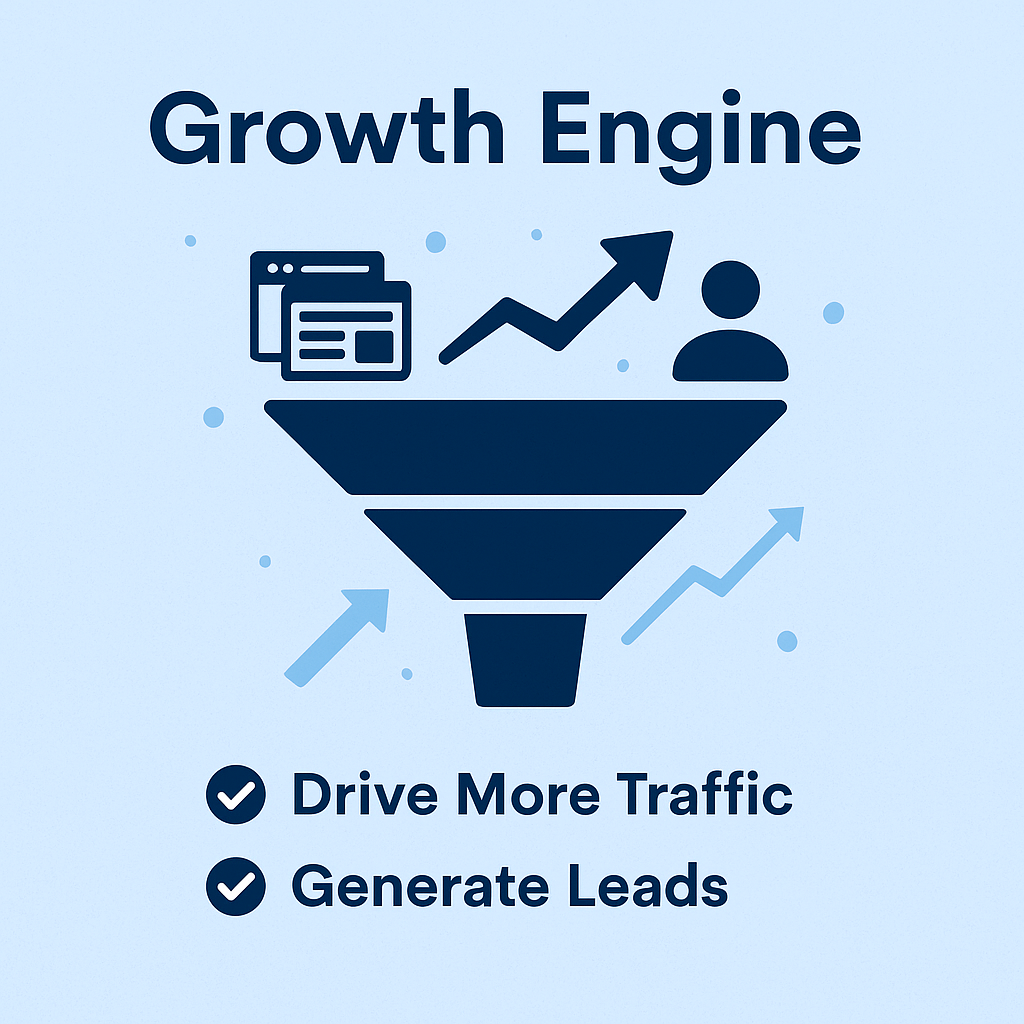 Digital illustration promoting the "Growth Engine" website package, featuring a dark blue marketing funnel icon with upward arrows, web page symbols, and a user figure above it. Bold text highlights benefits: "Drive More Traffic" and "Generate Leads," set against a light blue background with a clean, modern design