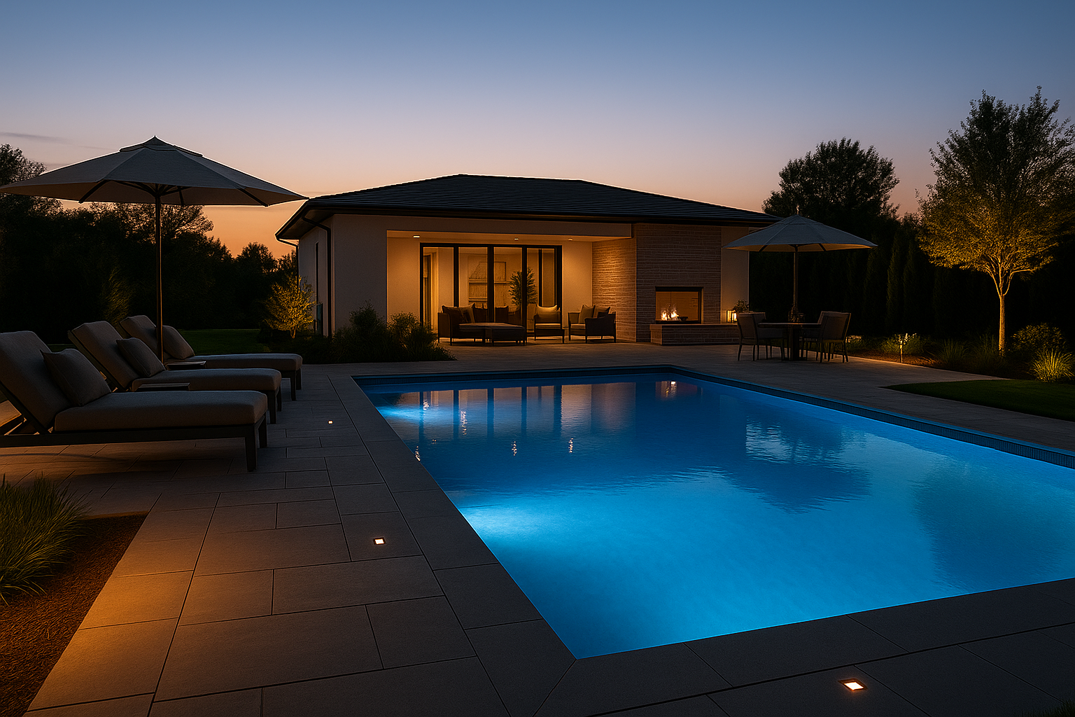 A high-resolution image showcasing a professionally designed custom swimming pool surrounded by ambient lighting, modern outdoor furniture, and clean landscaping. Ideal for websites promoting pool installation services targeting upscale homeowners in Ontario and the GTA.

