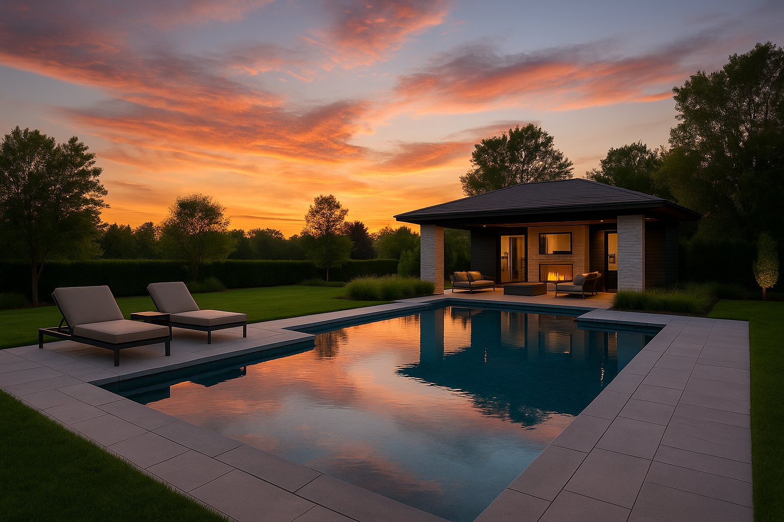 This high-resolution image features a luxury inground swimming pool at golden hour. Surrounded by elegant stonework, minimalist greenery, and soft lighting, it creates an aspirational, resort-like feel — ideal for demonstrating high-end pool installation capabilities.