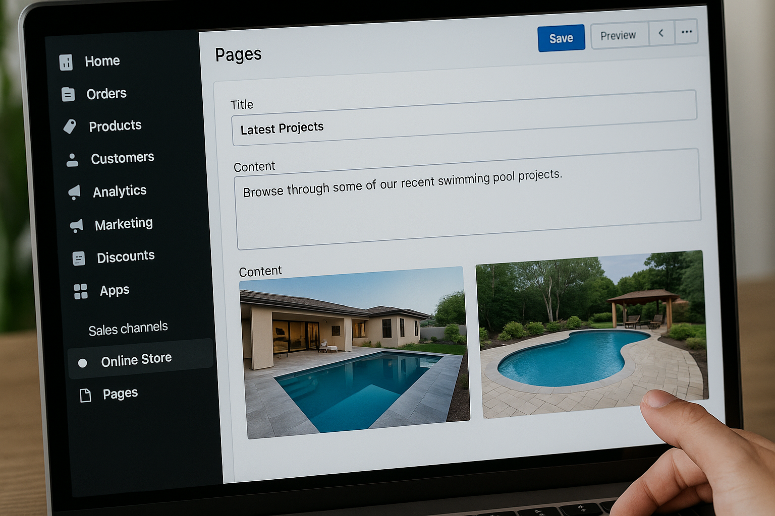 This image shows a close-up of a web design dashboard, where a user is editing a section titled “Latest Projects.” It's meant to illustrate how easy it is for pool installers to update their site content without technical skills.