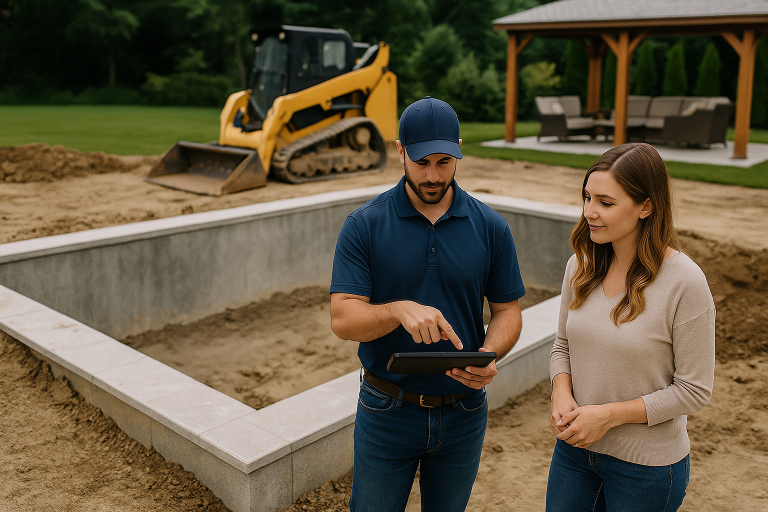 A contractor holds a clipboard while reviewing a pool installation inquiry with a client on-site. The scene captures the early construction phase of a residential pool, emphasizing professionalism and client collaboration.