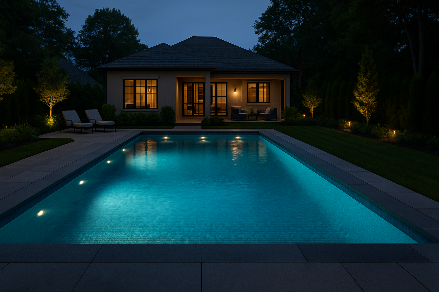 This image captures a luxurious backyard pool glowing with underwater LED lights, creating a serene and inviting nighttime atmosphere. The water reflects soft ambient lighting from nearby fixtures, and the clean, geometric design emphasizes a high-end, modern aesthetic — perfect for showcasing the polished results of premium pool installation work.