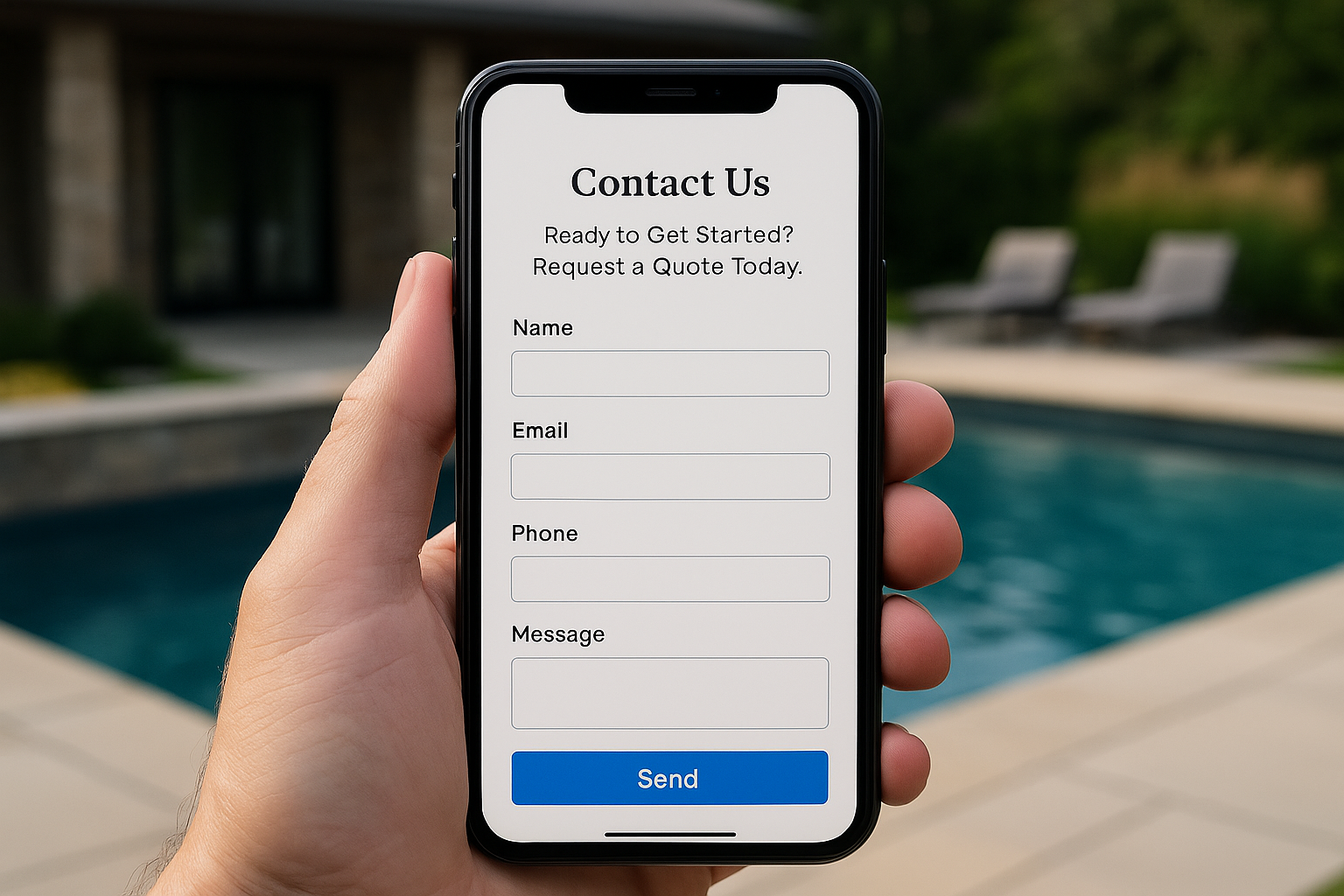 This image shows a person holding a smartphone outdoors, viewing a sleek contact form on a professional pool installation website. In the background, the setting hints at a residential backyard — ideal for showcasing how easy it is for homeowners to request a quote directly from their phone.