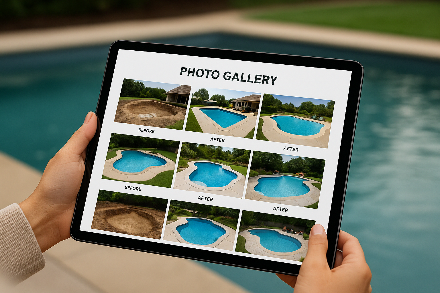 This image highlights a sleek digital portfolio on a tablet screen, featuring high-quality images of custom pool builds in a grid format. The visual emphasizes the craftsmanship and transformation potential of professional pool installers.