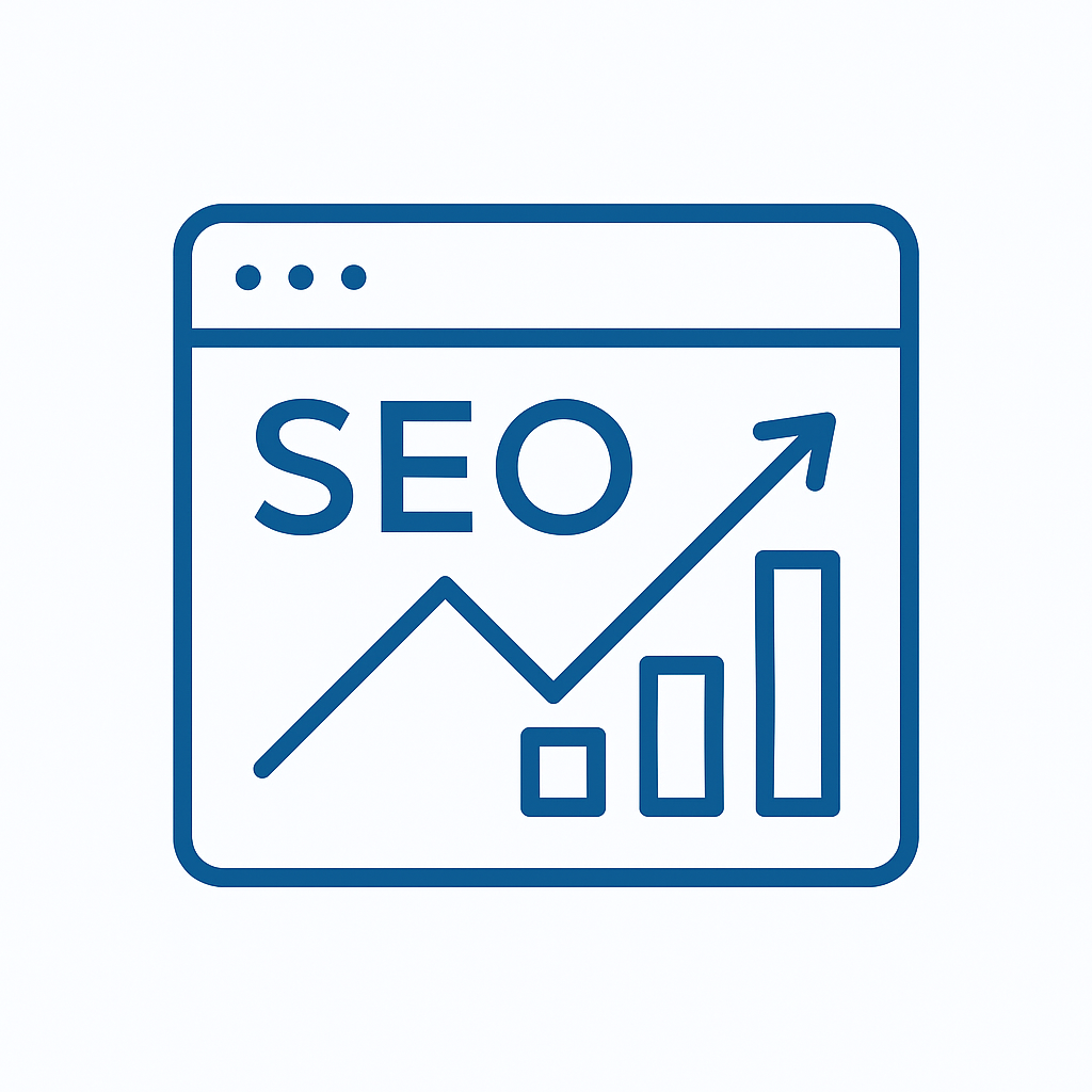 Blue outline icon of a web browser window with “SEO,” a rising arrow, and bar chart, representing advanced search engine optimization strategy and performance tracking, on a white background.