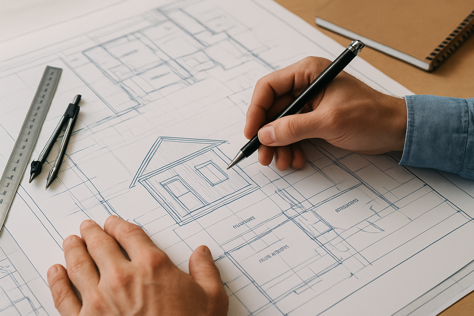 Close-up of an architect's hands analyzing home design plans with rulers and a compass, symbolizing the planning and customization phase.

