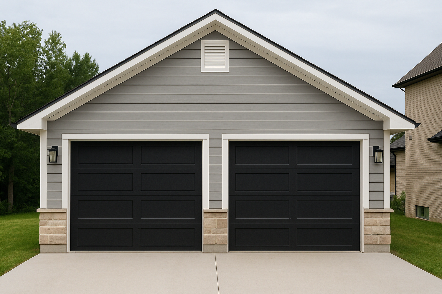 Full view of a new detached garage with gray siding, black door, and surrounding yard; a builder uses a cordless drill along the foundation.