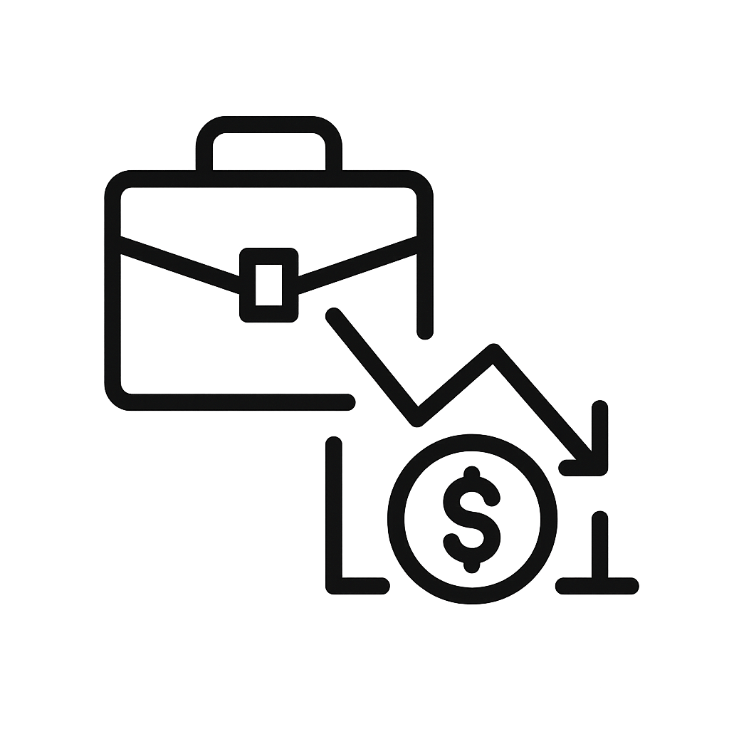 This minimalist icon illustrates a downward-trending chart line intersecting a dollar sign, symbolizing financial loss. It's ideal for conveying business challenges like lost leads or missed opportunities, especially in web design or service-based industries like roofing.