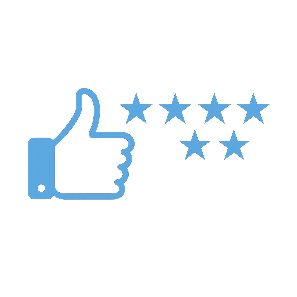 A glowing blue thumbs-up symbol is positioned next to five stars, representing a perfect 5-star rating. The icons are displayed on a soft, blurred dark background, giving the graphic a modern, digital feel. Ideal for use in testimonial sections, review highlights, or trust-building elements on a business website.

