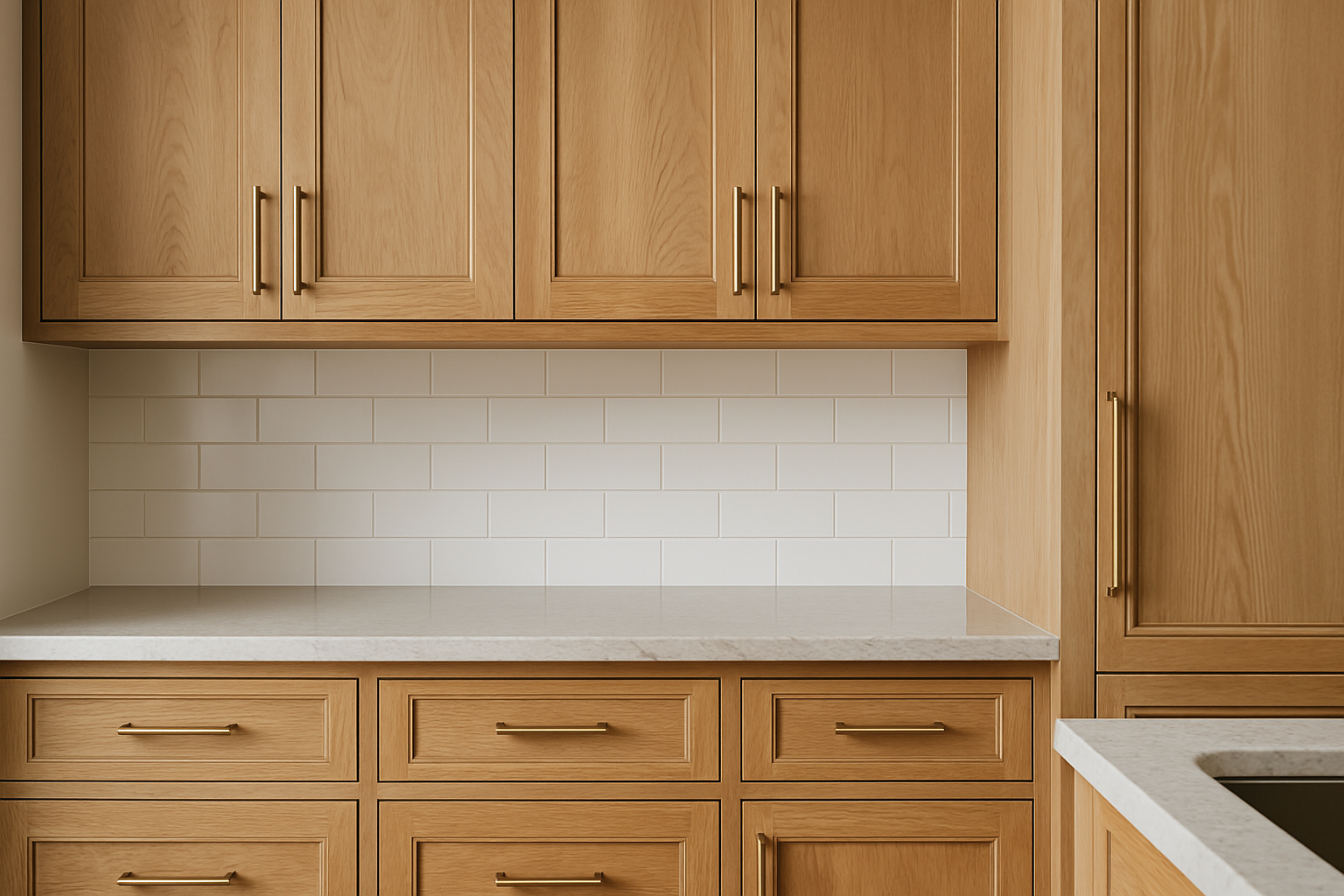 Custom light oak kitchen cabinetry with raised panel doors and brass handles, featuring a white subway tile backsplash and a stone countertop — a clean, professional showcase of premium millwork craftsmanship.