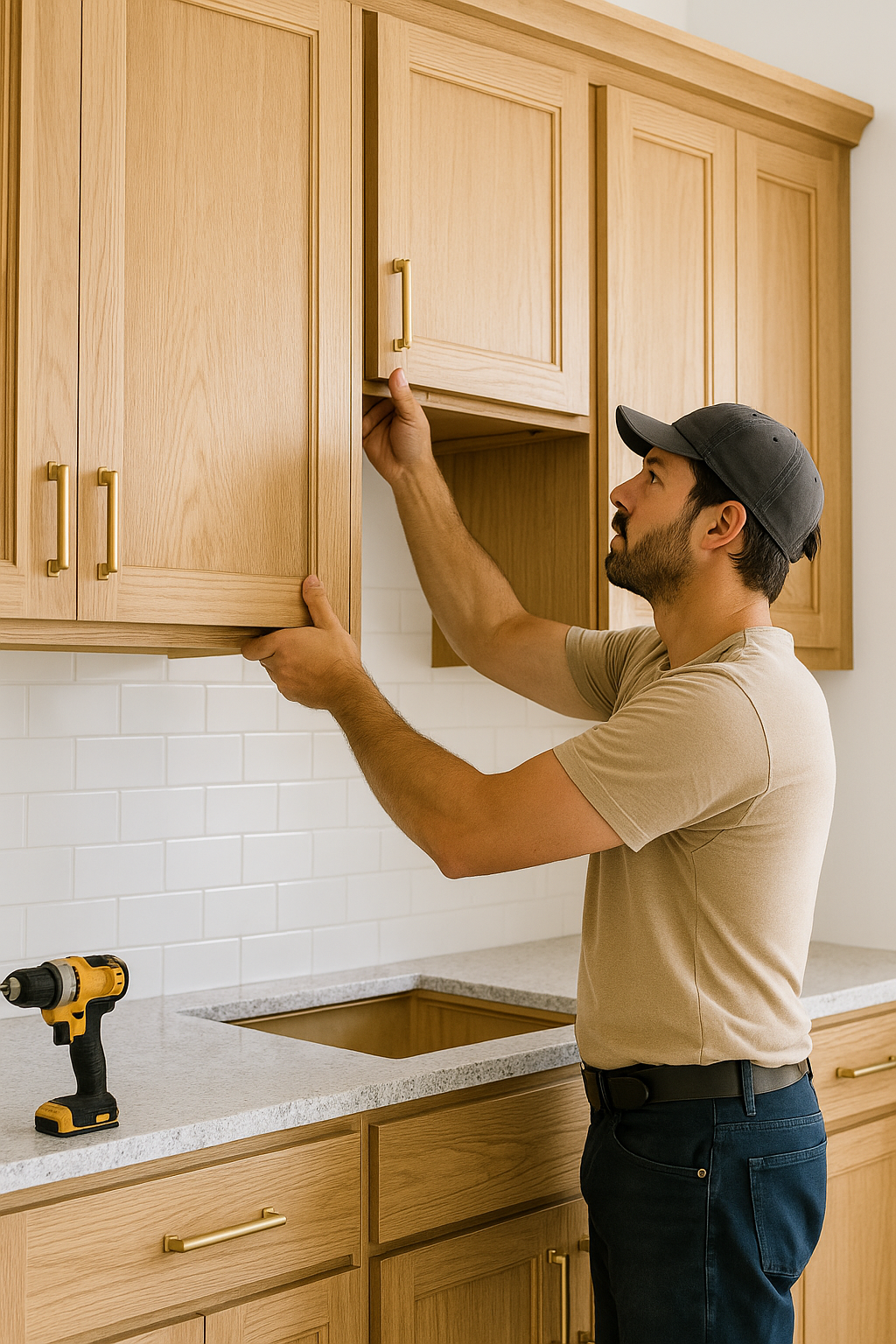 Cabinet installer fitting a custom light oak upper cabinet with brass hardware in a modern kitchen, featuring a white subway tile backsplash, quartz countertop, and cordless drill nearby — showcasing expert craftsmanship and millwork precision.