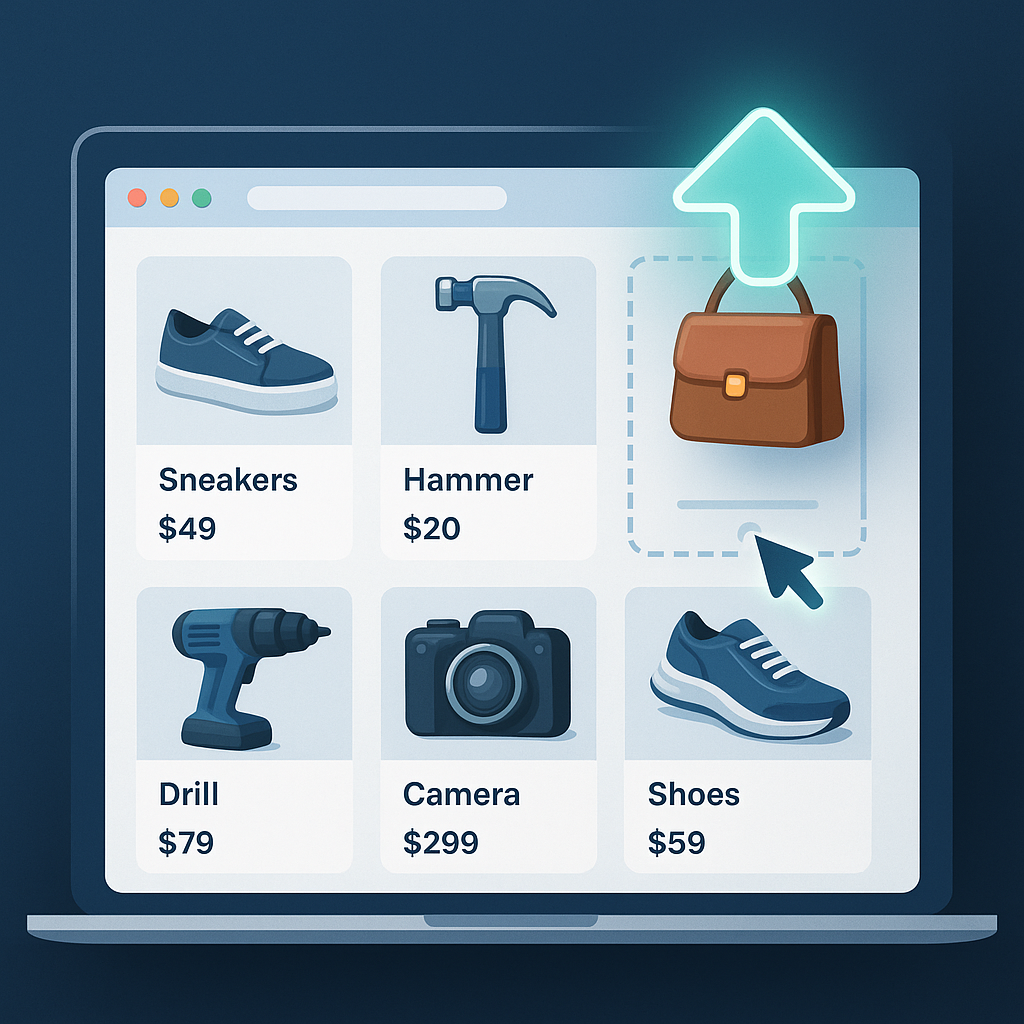 Product Upload Service — products flowing into a shop grid
