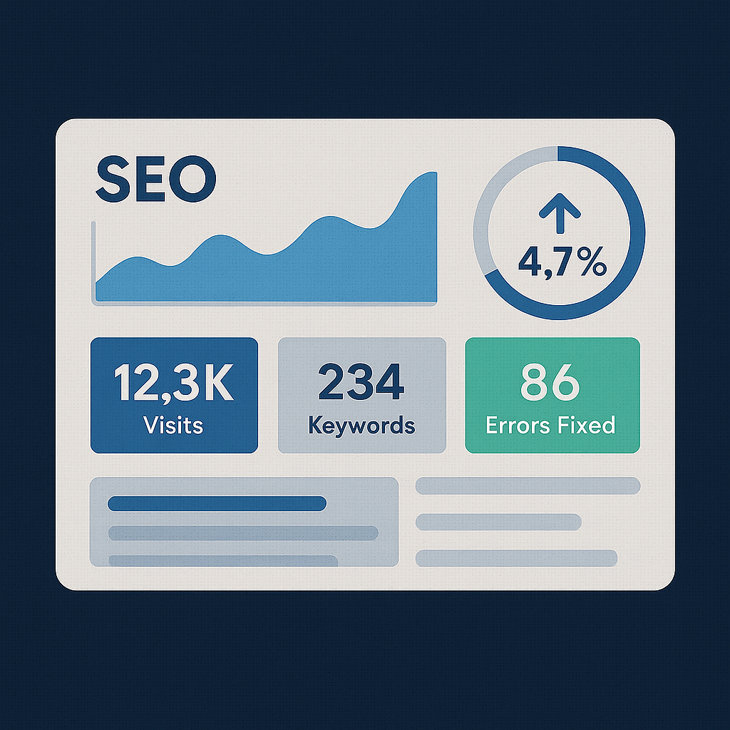 SEO Audit — analytics dashboard with traffic, keywords and fixes