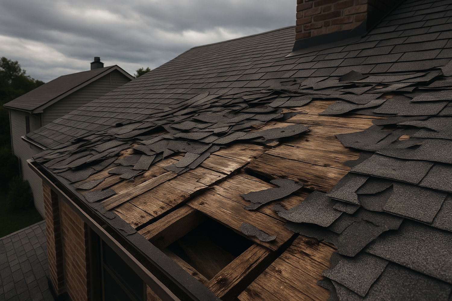 This image shows a worn and weather-damaged asphalt shingle roof on a single-family home. Several shingles are missing or cracked, exposing the underlayment. The roof edges show signs of curling and discoloration, indicating potential water leakage or age-related deterioration. Perfect for showcasing before-and-after roofing transformations.