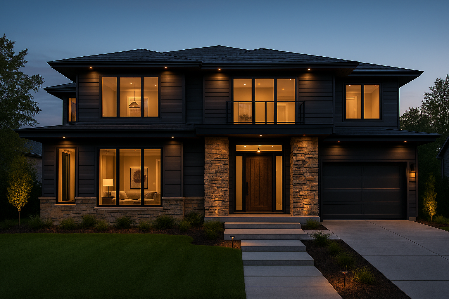 Modern luxury custom home exterior with warm lighting at dusk, overlaid with web design messaging — representing sleek websites for high-end home builders.

