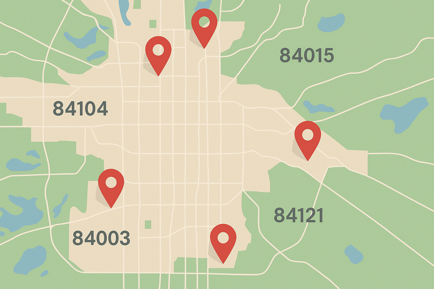 This custom digital map highlights a roofer’s service area, showcasing multiple zip codes and pinned locations across a local region. It's designed to visually reinforce local SEO targeting and show homeowners exactly where roofing services are available.

Let me know if you want a version labeled with real city names or adjusted to match a specific region.