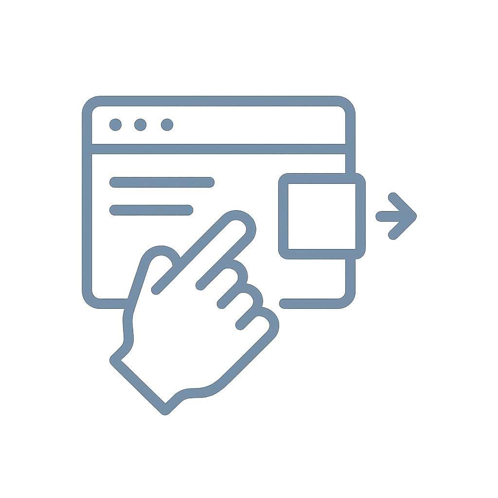 A minimal icon representing drag-and-drop website editing. The illustration features a hand or mouse cursor grabbing and repositioning layout elements like text boxes or images. Ideal for showcasing user-friendly website builders that allow non-technical users to make edits easily without code.