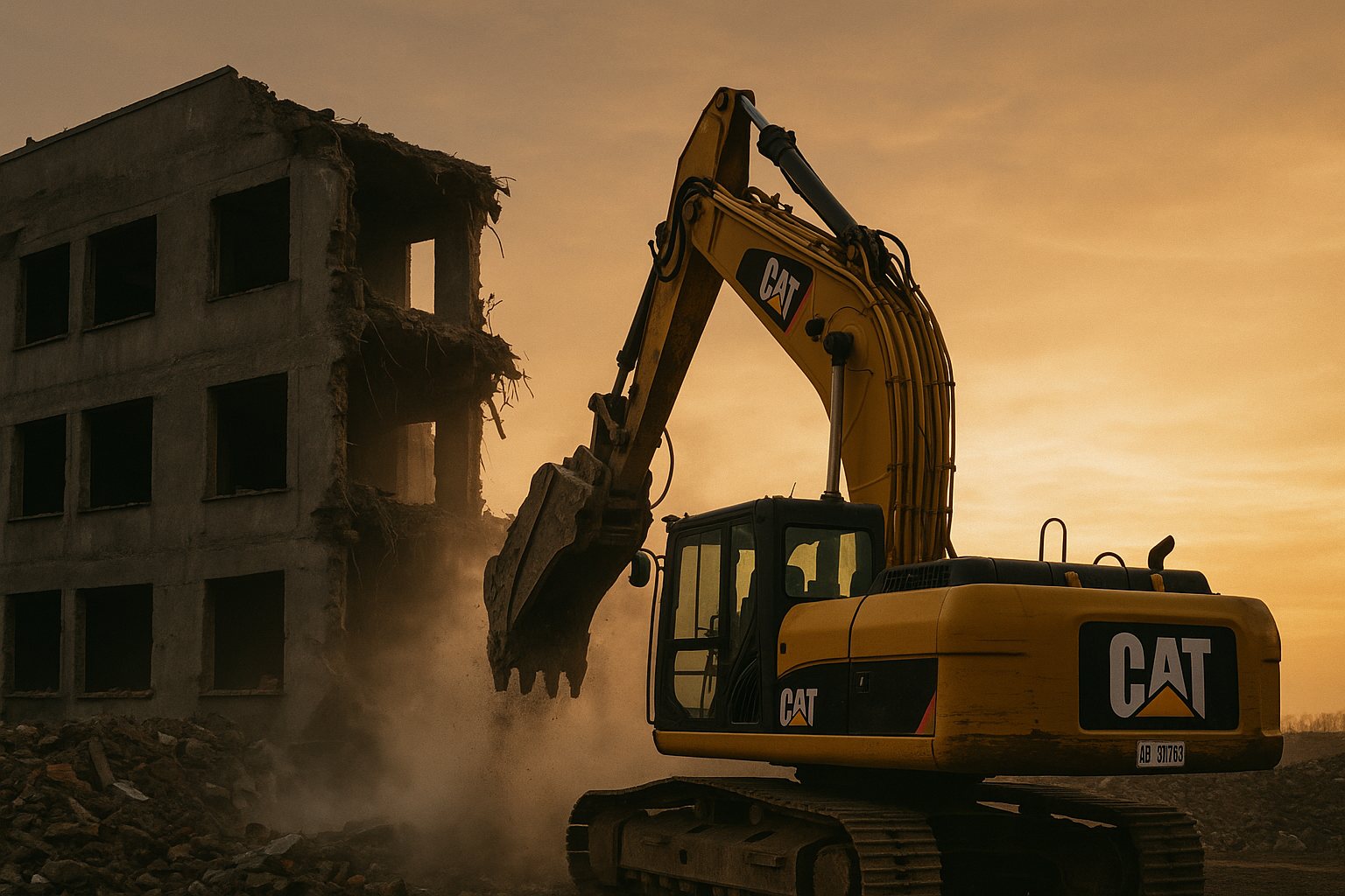 A wide-angle photograph of a yellow Caterpillar excavator tearing down a damaged multi-story concrete structure at dusk. The scene captures swirling dust, exposed rebar, and a warm orange sky, emphasizing the strength and intensity of demolition work. Ideal for representing Ontario-based excavation and demolition services on a professional contractor website.