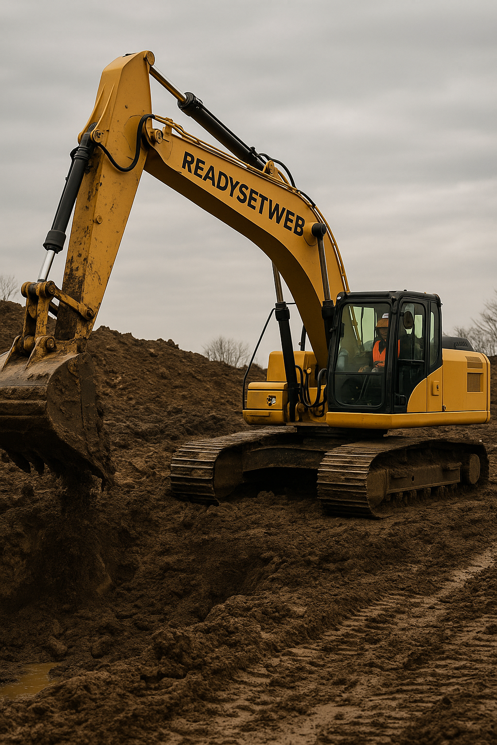 A yellow hydraulic excavator actively digging into heavy mud at a construction site under cloudy skies. The machine features prominent READYSETWEB branding on the arm, and the operator inside wears a hi-vis orange vest. Ideal for representing excavation work on contractor websites targeting Ontario clients.