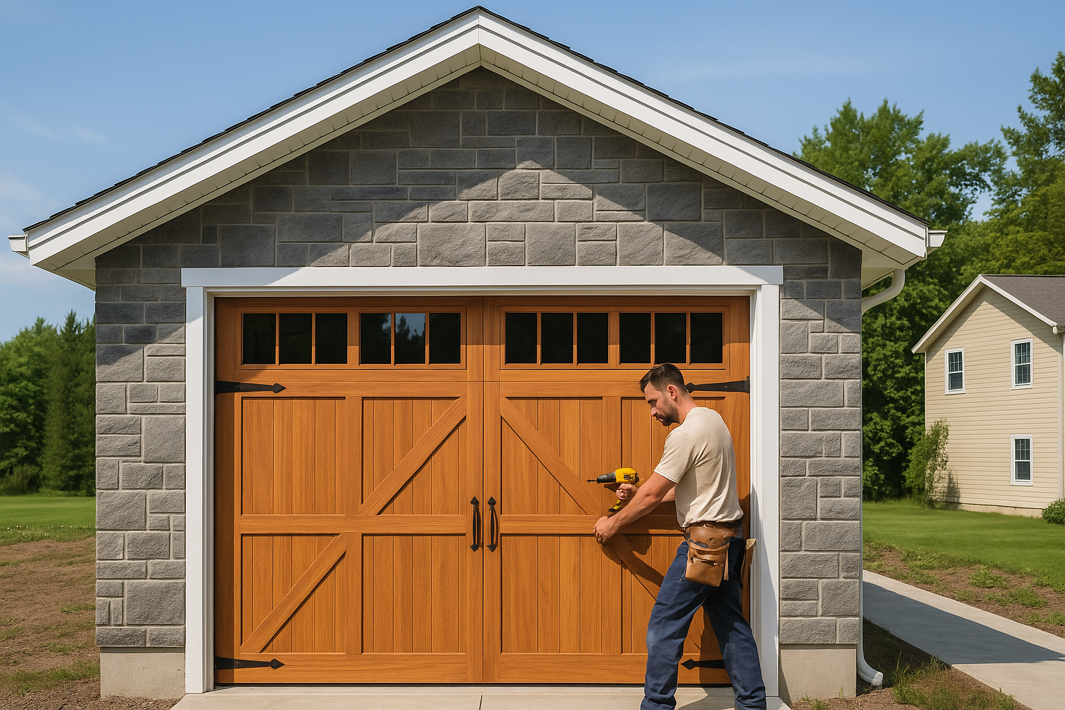 Carpenter installing a wooden garage door on a stone-faced garage, using a drill while working in a bright residential neighborhood.