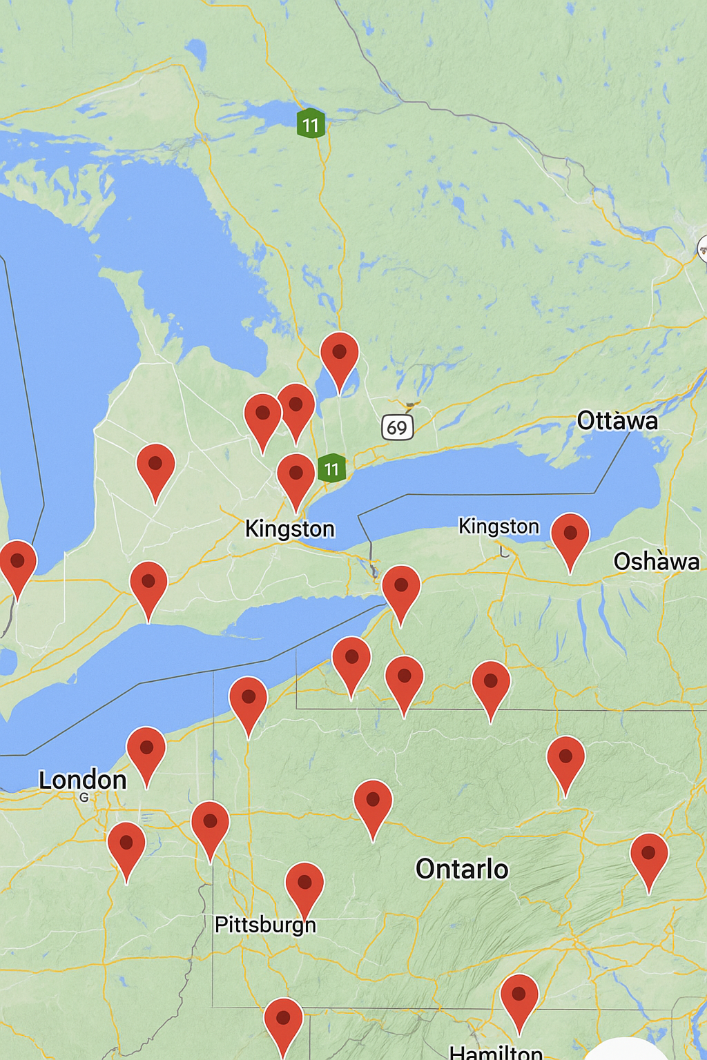 Digital screenshot-style map showing key cities in Southern Ontario such as Toronto, Ottawa, Hamilton, and Kingston. Red map pins highlight active service locations across the region, with major highways and water bodies visible. Ideal for showcasing local SEO coverage for excavation and demolition services.