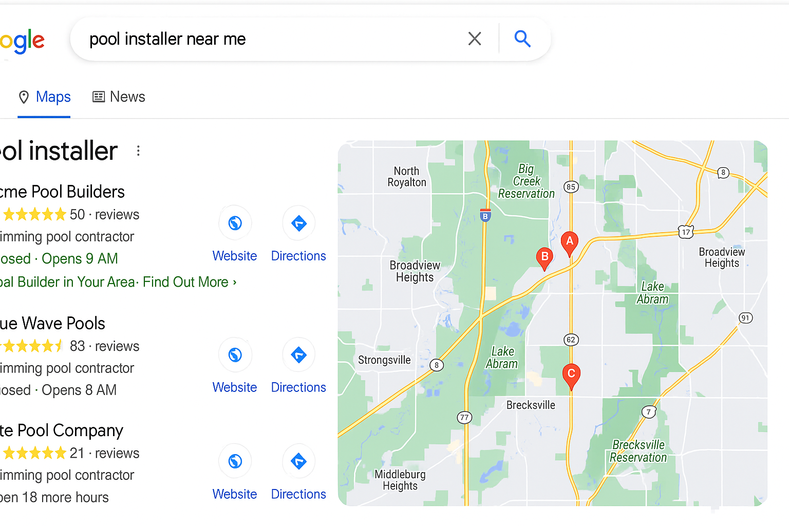 A clear digital screenshot of Google Maps displaying multiple pool installation companies in response to the query “pool installer near me.” The image highlights local search visibility, relevant for showcasing SEO value on a pool service provider's website landing page.











