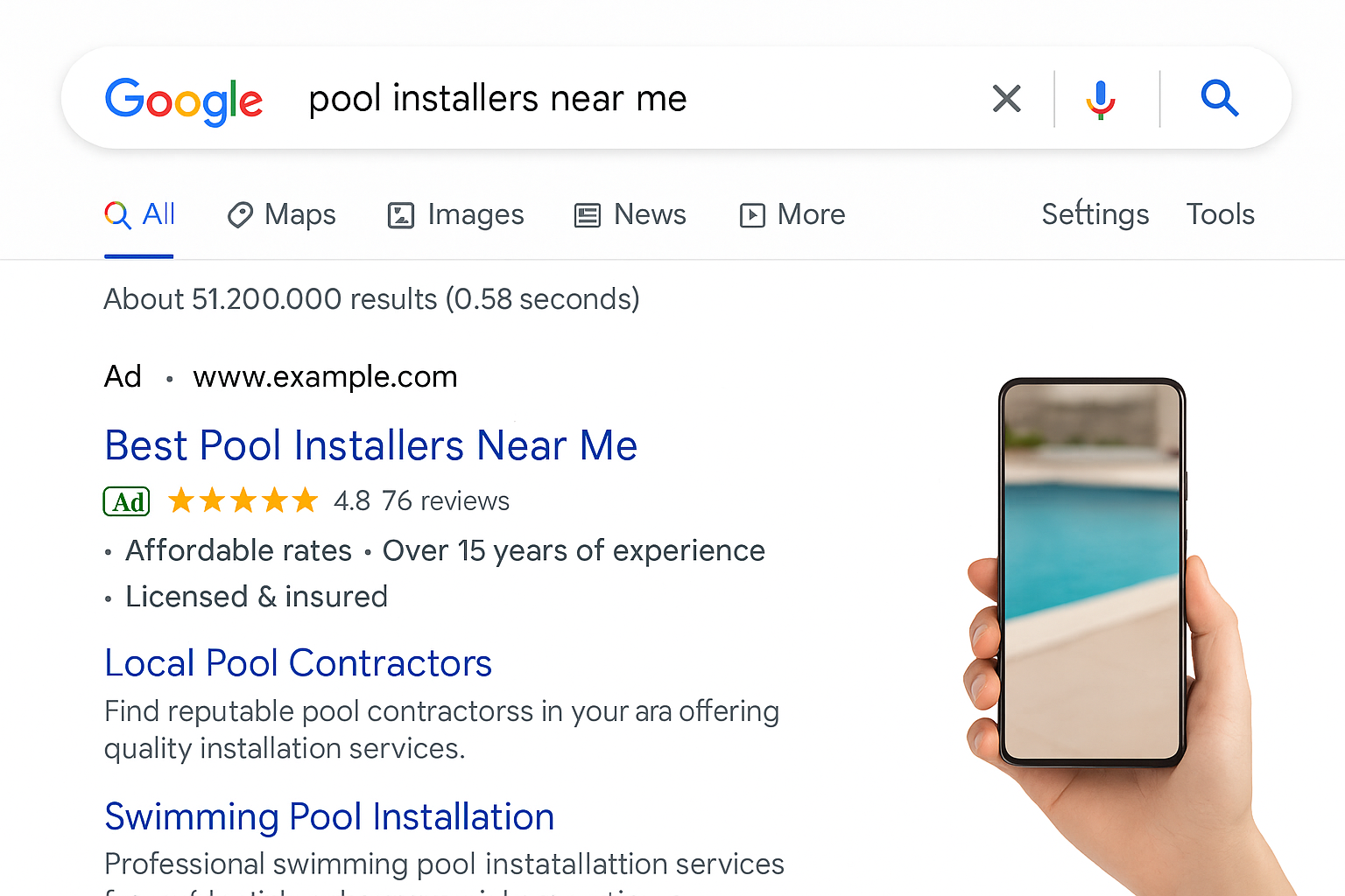 A digital screenshot of a Google search results page where a pool installation business appears prominently at the top. This visual highlights the importance of SEO for local visibility and lead generation.