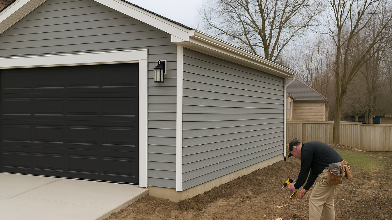 Detached gray vinyl-sided garage with a black door and a contractor working beside it, located in a suburban Ontario backyard under an overcast sky.