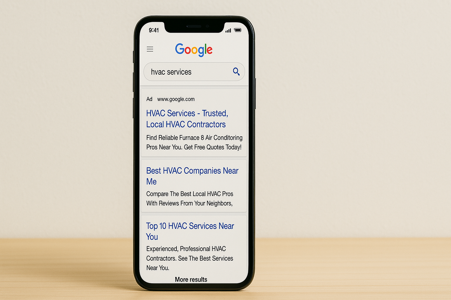 A black iPhone displaying a Google search for “HVAC services,” showing top results for local HVAC companies and contractors, placed on a wooden surface with a neutral wall background.
