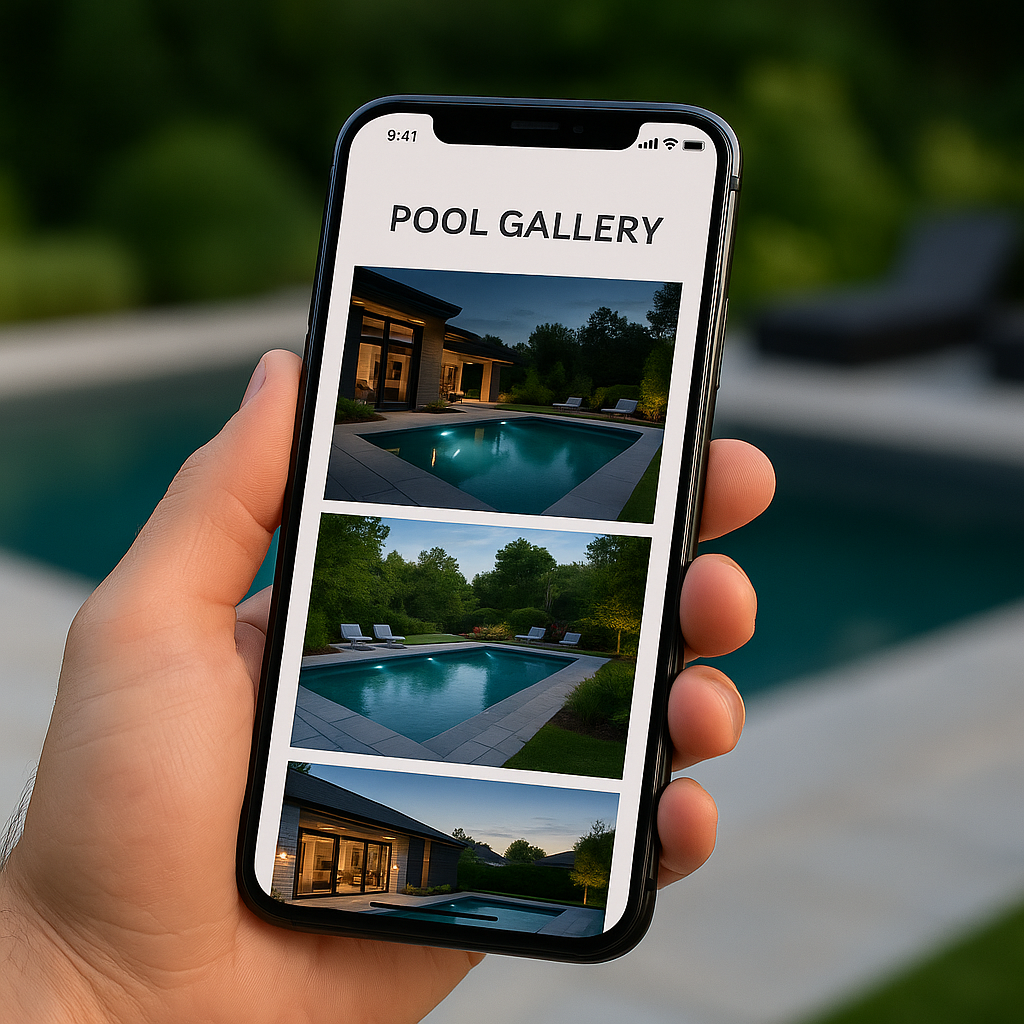 A daytime image showing a close-up of a hand holding a smartphone, featuring a responsive gallery of luxury pool installations. The photo emphasizes mobile-first web design and user-friendly browsing for pool installer websites.