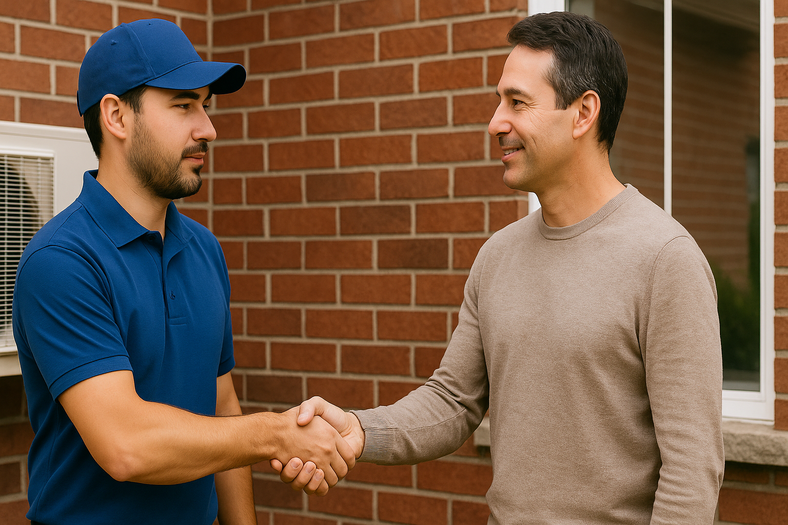 A smiling HVAC technician in a blue polo shakes hands with a homeowner in front of a red brick house, symbolizing trust and satisfaction after a successful AC service call.