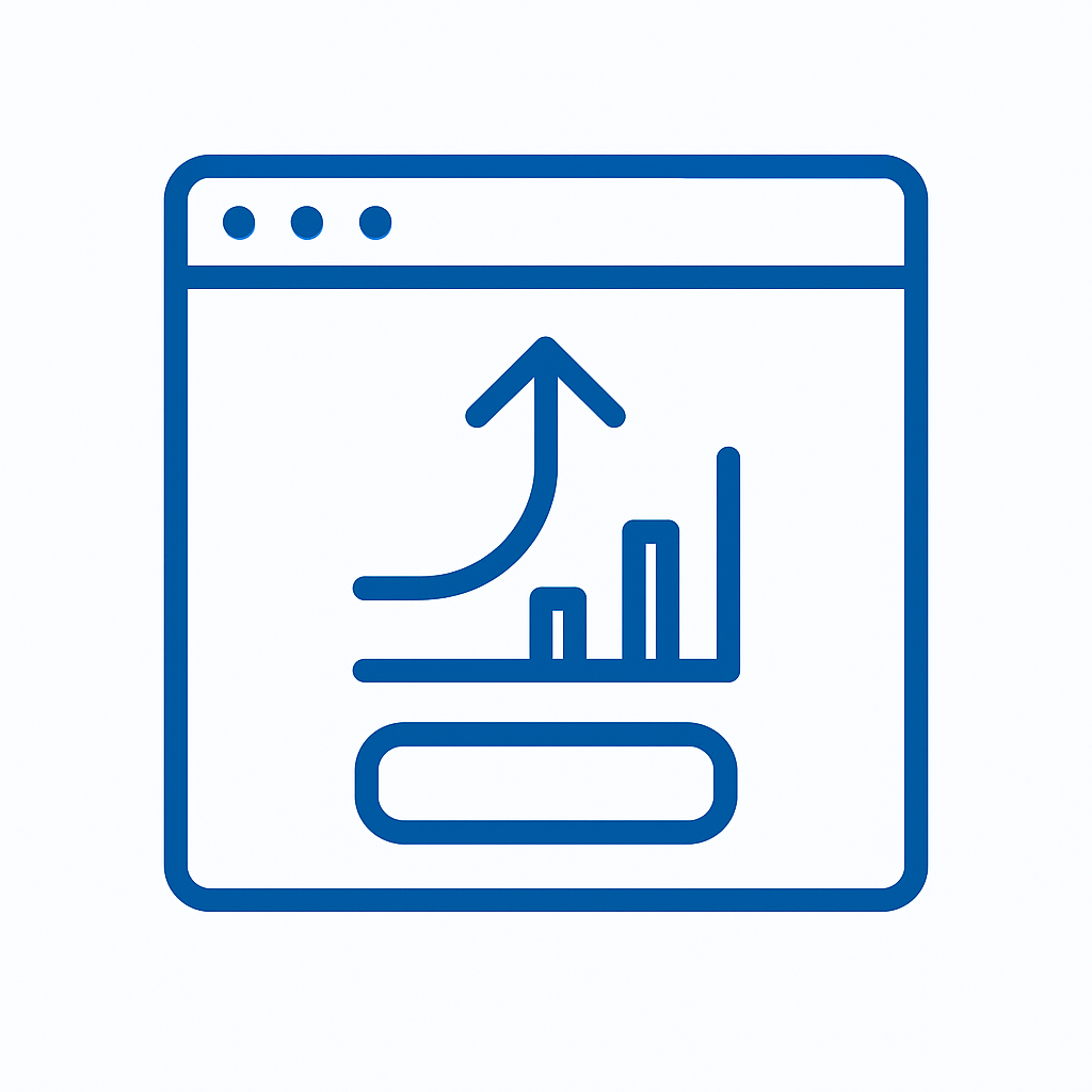 Blue outline icon of a web page with an upward arrow and bar graph above a call-to-action button, representing a high-converting landing page design on a white background.