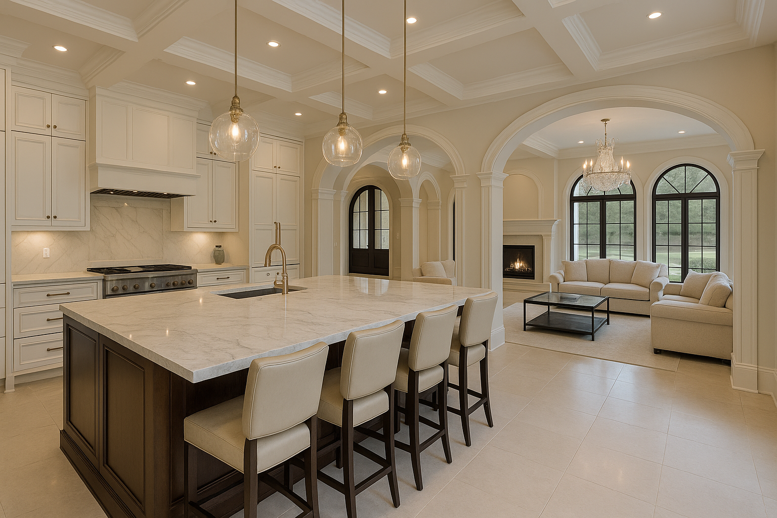 Elegant open-concept kitchen and living space with marble countertops and arched windows — showcasing high-end custom home interiors for builder website design.