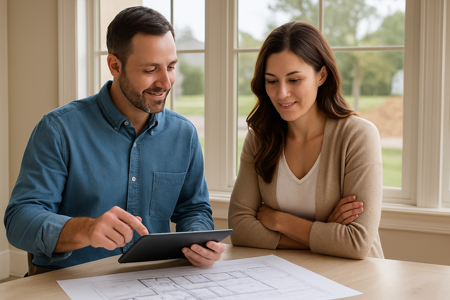 Home builder discussing custom floor plans with client couple using a tablet — highlighting client collaboration in custom home design process.