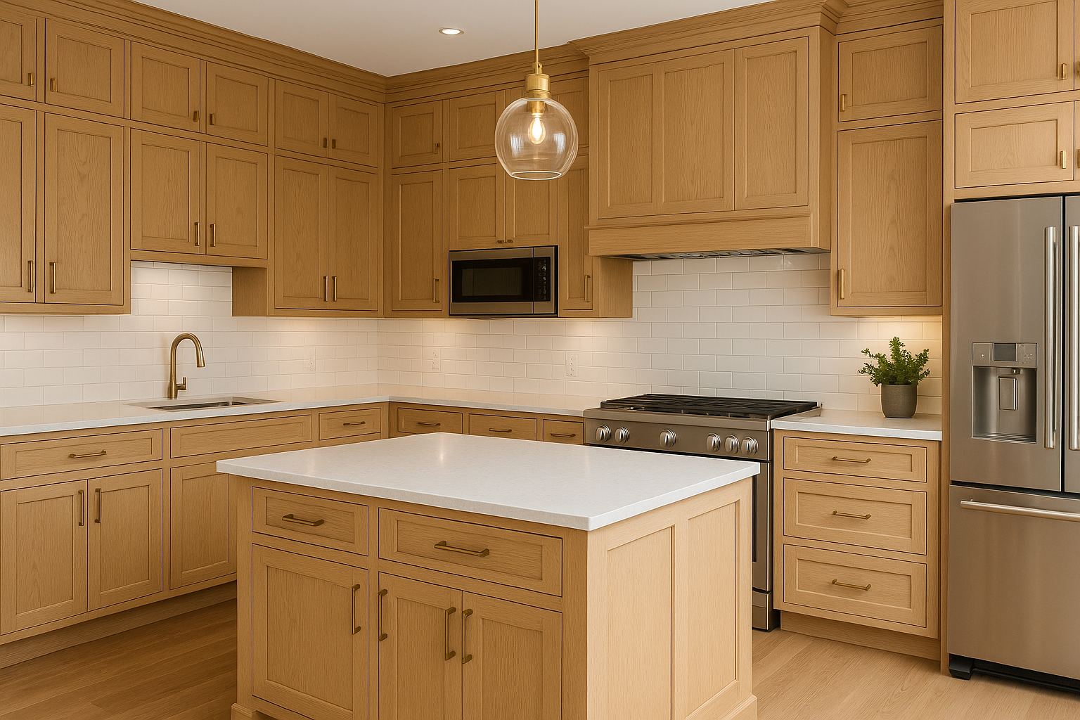Spacious kitchen with custom light oak cabinetry, white quartz countertops, brass hardware, stainless steel appliances, and white subway tile backsplash — professionally designed to showcase high-end cabinetry and millwork.