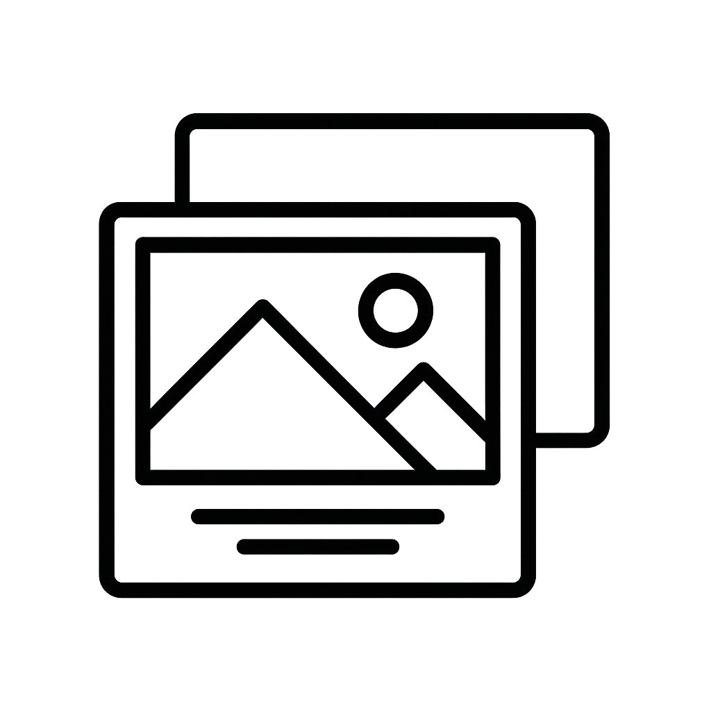 This minimal, black-and-white vector icon represents a visual gallery. It features overlapping image frames, typically used to symbolize a photo collection — perfect for showcasing roofing project portfolios or before-and-after comparisons on a website.
