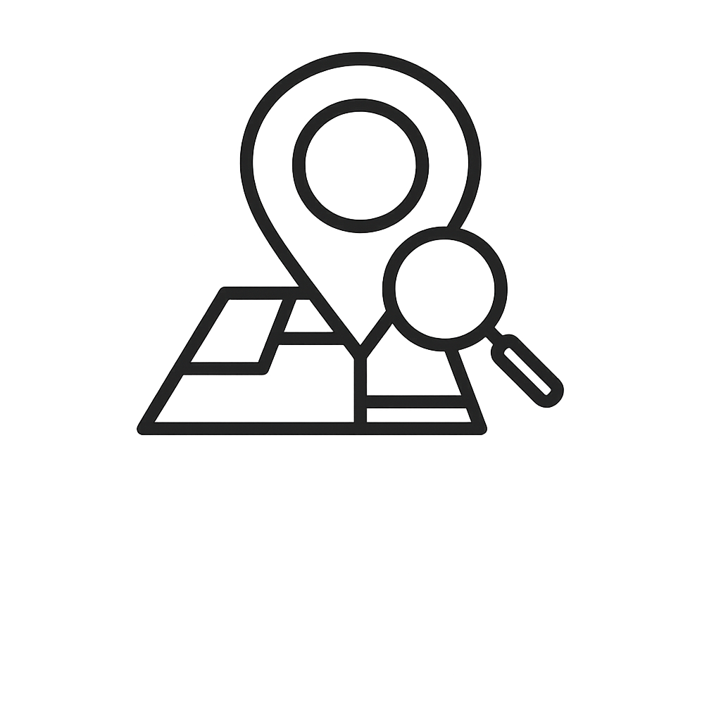 A clean, black-and-white vector-style icon depicting a location pin placed over a simplified web browser window — symbolizing local SEO, map visibility, and Google search presence. Ideal for showcasing geo-targeted digital marketing or web optimization services.