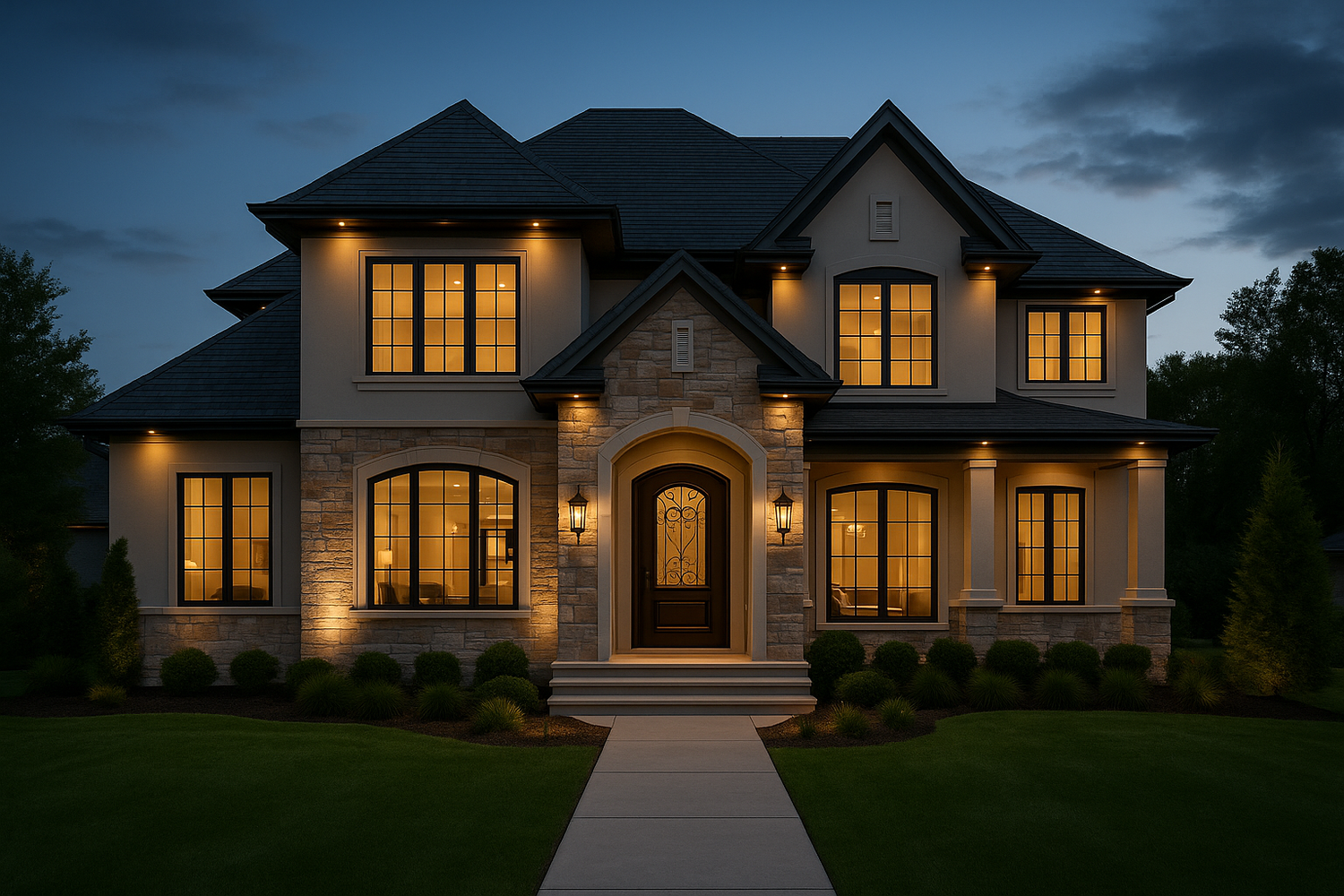 Luxury stone-accented custom home illuminated at twilight — ideal for showcasing high-end residential construction and builder craftsmanship.

