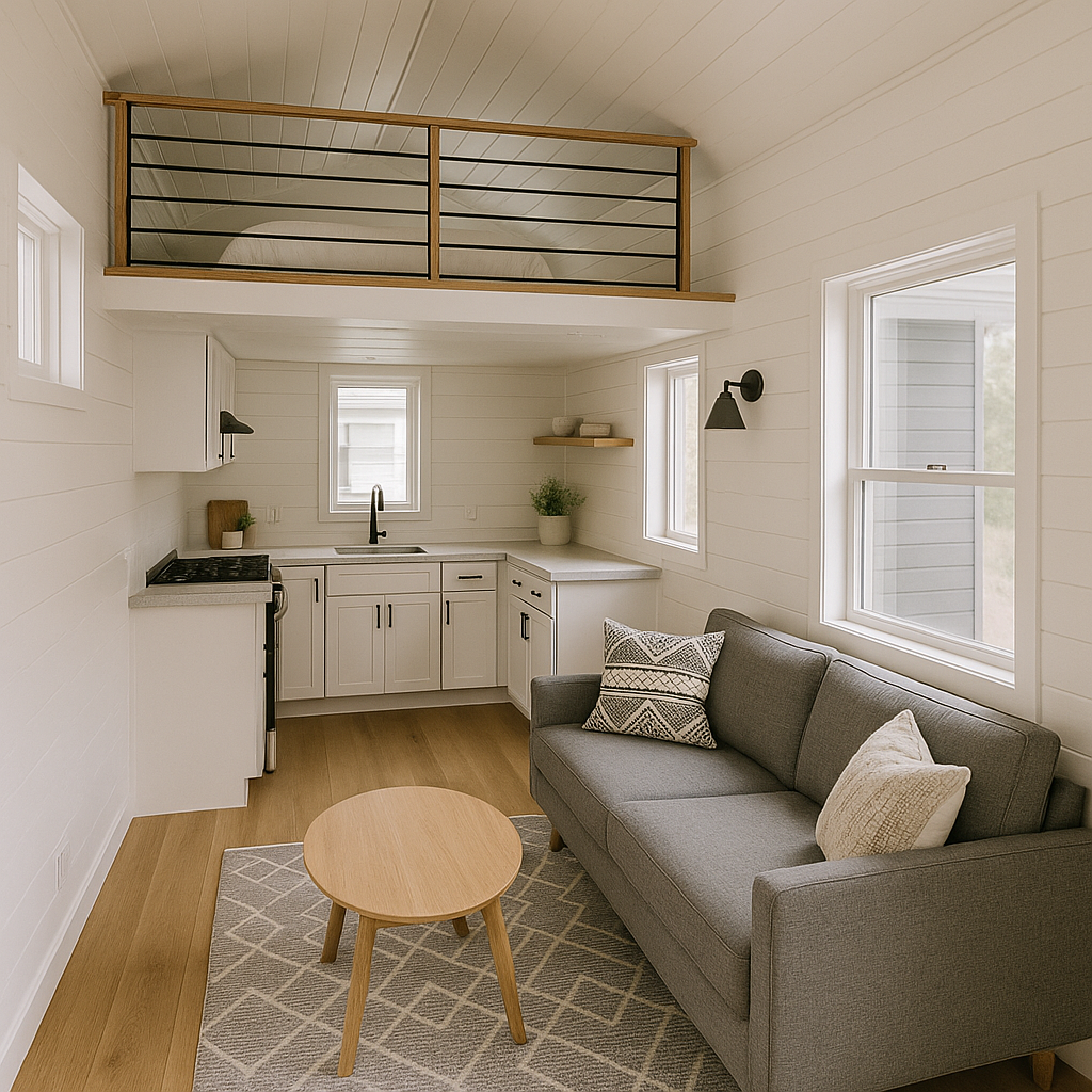 A bright, Scandinavian-inspired tiny home interior with wood tones, natural light, and a lofted bed — showcasing what potential buyers can expect.