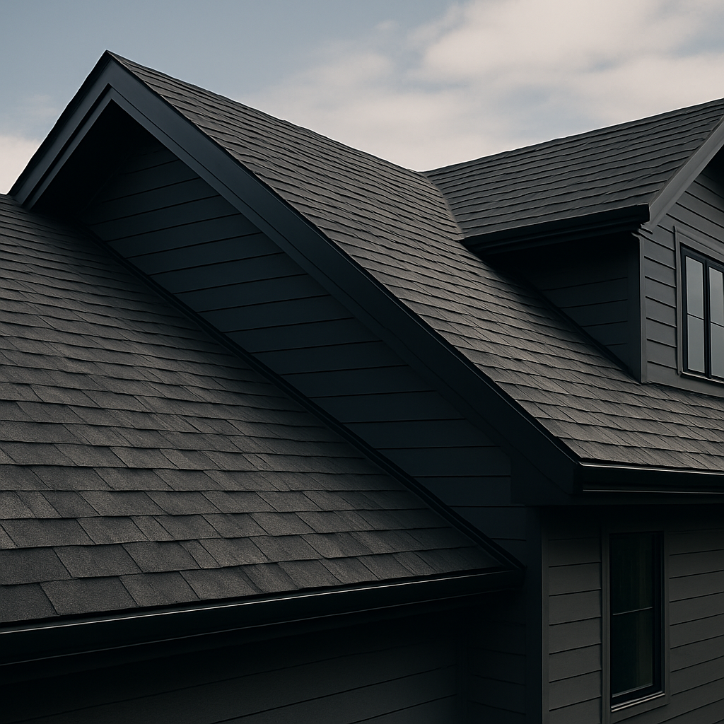 A high-resolution image showcasing a sleek, modern roof design featuring angled planes, premium shingles, and minimalist styling. The contemporary home exterior emphasizes symmetry, durability, and curb appeal — ideal for roofing contractors highlighting premium materials and workmanship.