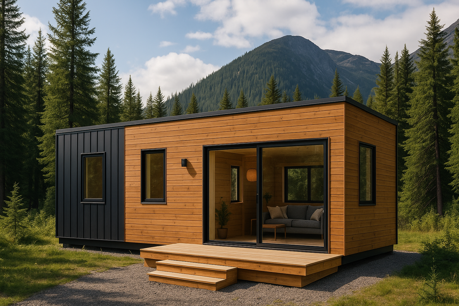 A sleek, minimalist tiny house surrounded by pine trees and mountains, representing peaceful, off-grid living with a clean architectural design.