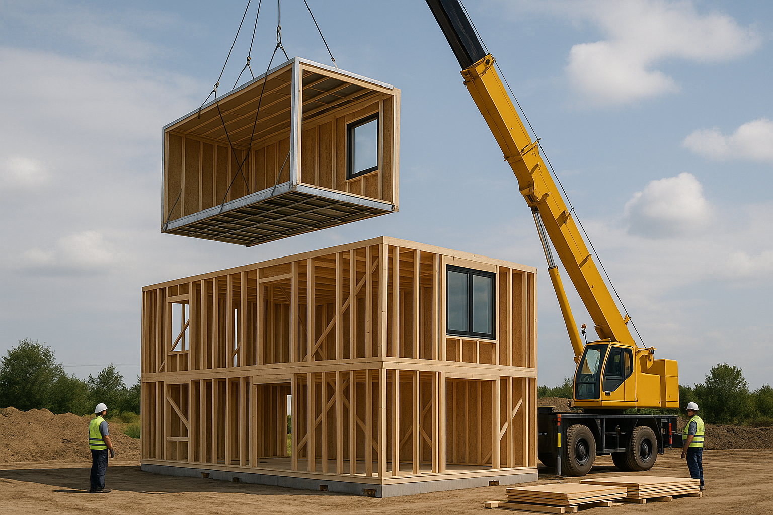 A partially built two-story modular home on-site, with a crane positioning a prefabricated module, highlighting modern construction techniques.