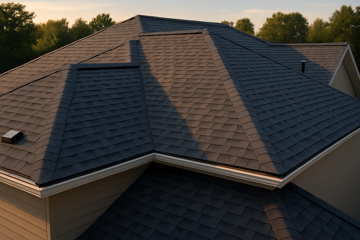 This image features a freshly replaced roof with brand-new asphalt shingles in a dark gray finish. The shingles are neatly aligned with crisp edges, showcasing professional installation. The overall roof surface is smooth, clean, and free of debris — highlighting durability, weather protection, and enhanced curb appeal.


