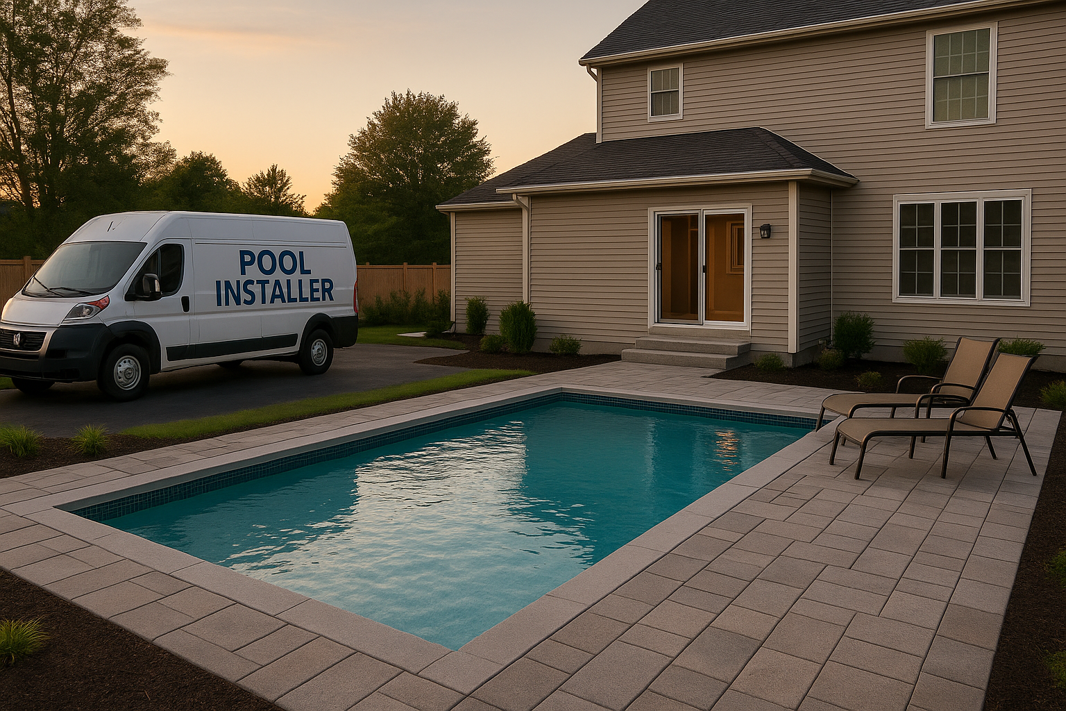 A professional-grade image showing a branded pool installer’s van next to a finished in-ground pool surrounded by modern landscaping and ambient lighting. Ideal for building trust and reinforcing on-site professionalism on a service-based website.