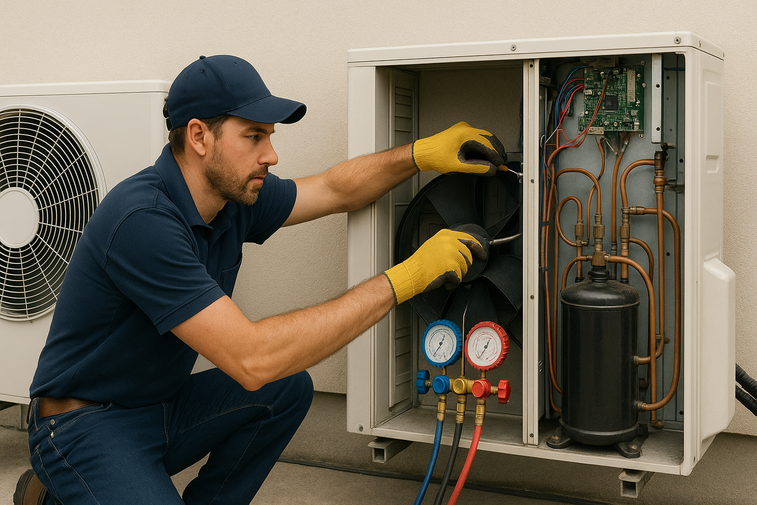 An HVAC technician in navy workwear and yellow gloves kneels while repairing an outdoor AC unit, adjusting wiring and components with a screwdriver beside visible copper coils, gauges, and a fan unit.