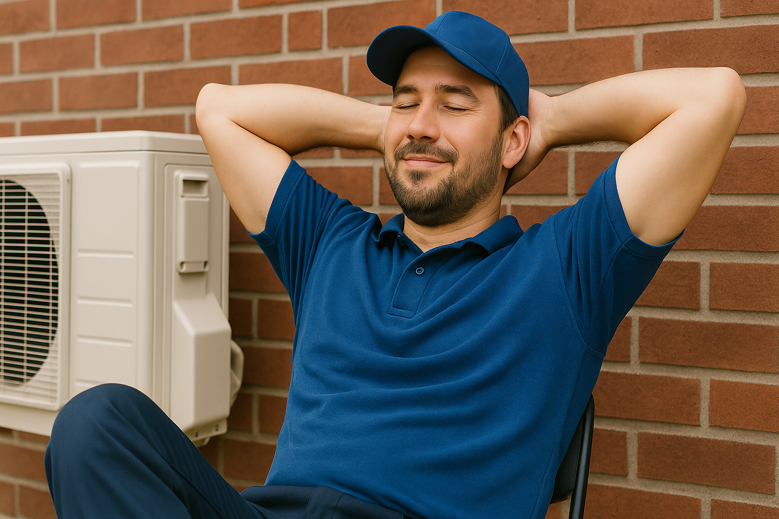 An HVAC technician sits back in a chair with hands behind his head, smiling and relaxed after completing a service job, with a residential AC unit and red brick wall in the background illustrating job satisfaction and professional HVAC service completion.