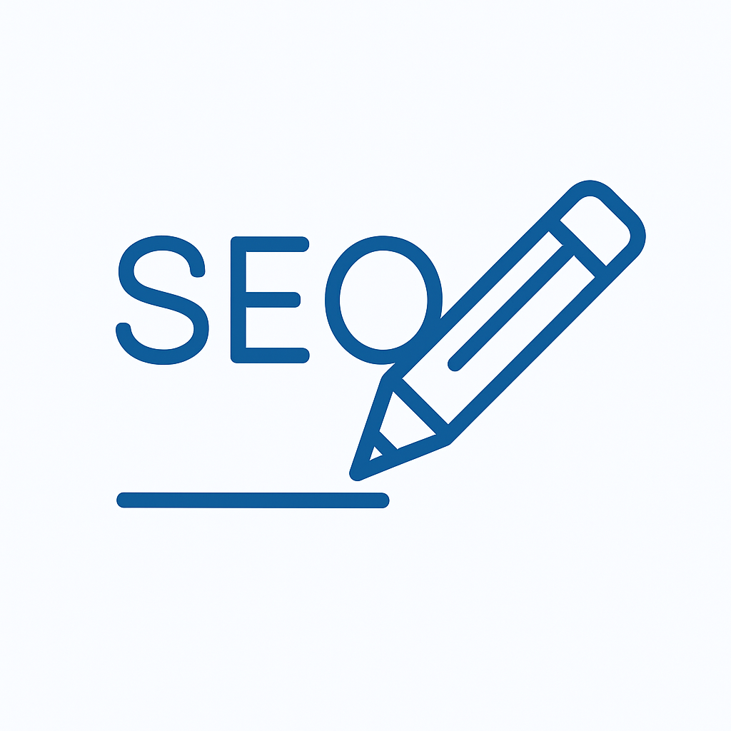 Blue outline icon of the word “SEO” being written by a pencil on a white background, representing optimized blog content creation for search engine visibility.

