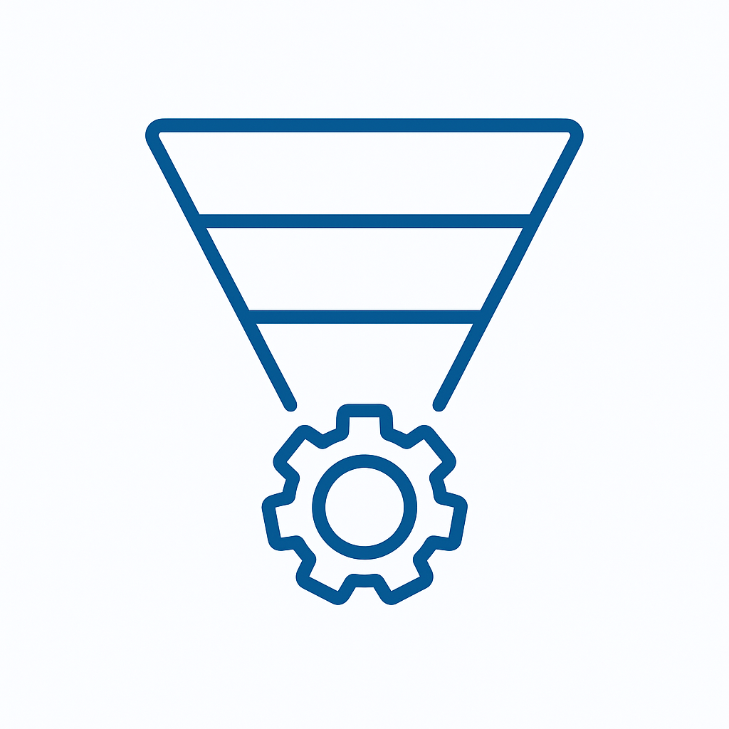 Minimal blue icon of a sales funnel with layered sections and a gear symbol, representing a strategic customer journey and conversion process, set on a white background.

