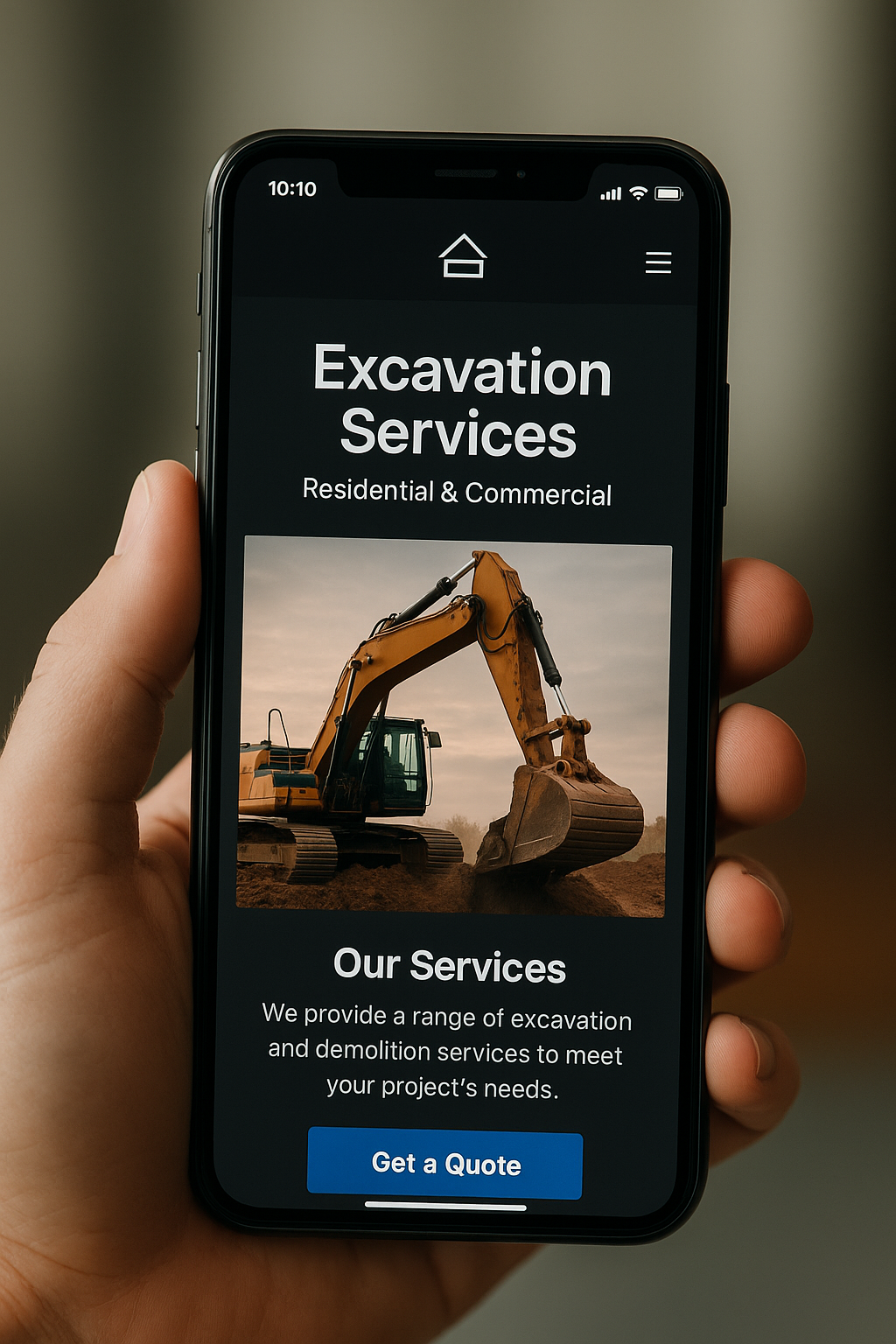 Close-up of a hand holding a modern smartphone with a sleek excavation contractor website on screen. The site features a bold headline, professional design, an excavator image, and a call-to-action button. Ideal for showcasing responsive, mobile-first design on a construction company landing page.