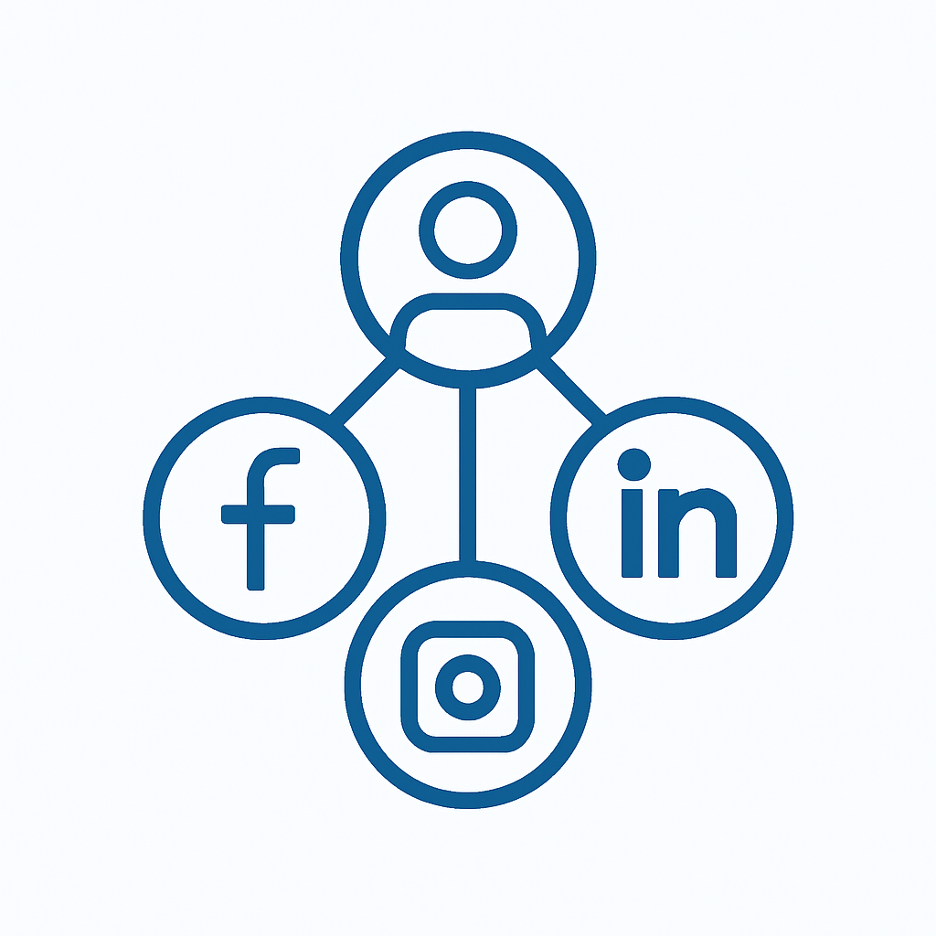 Blue line icon of a person connected to Facebook, Instagram, and LinkedIn logos in circular outlines, representing professional social media profile setup, on a white background.